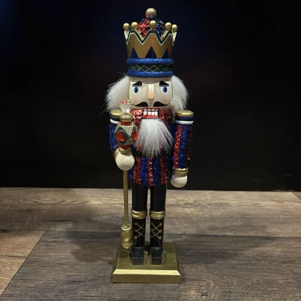 12” Sequin Nutcracker King Christmas Decor Red Blue Gold Crown Jeweled Scepter